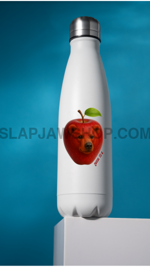 White water bottle with a red apple design on a blue background