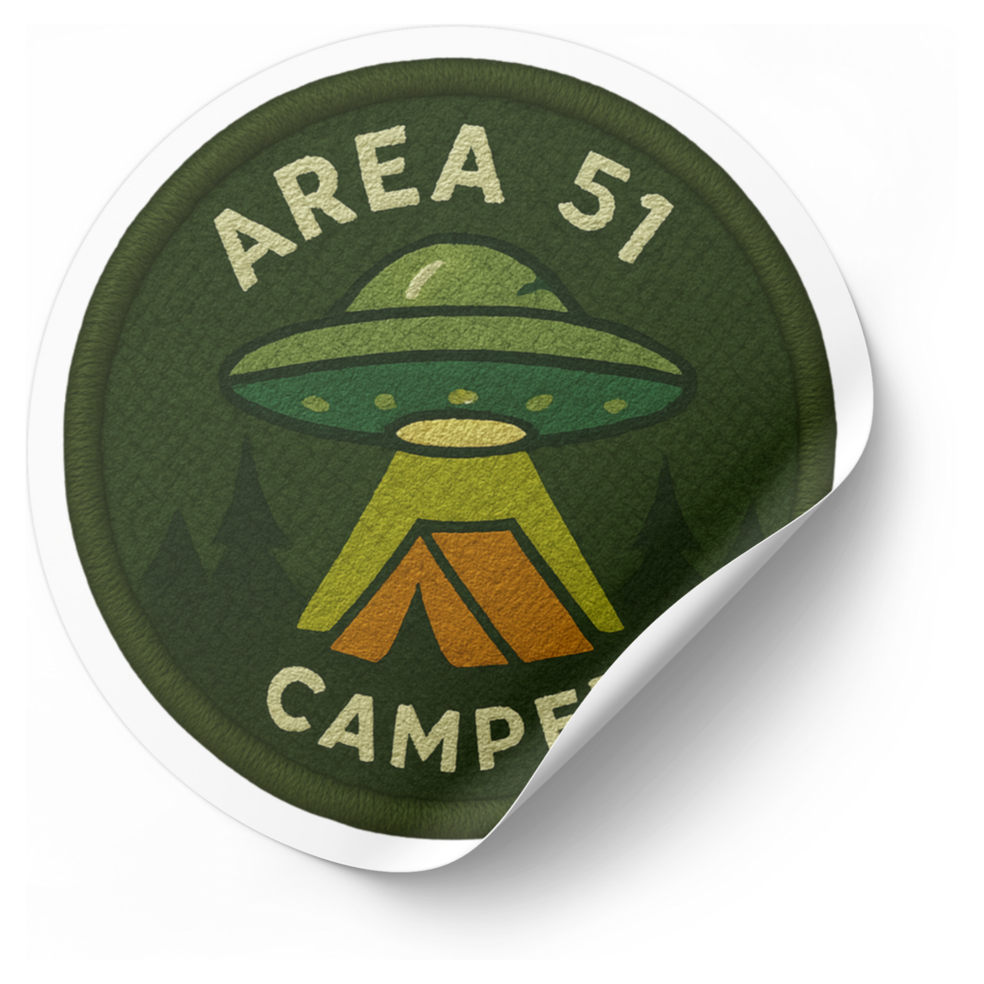 Sticker with 'Area 51 Camp' design featuring a UFO and tent on a green background.