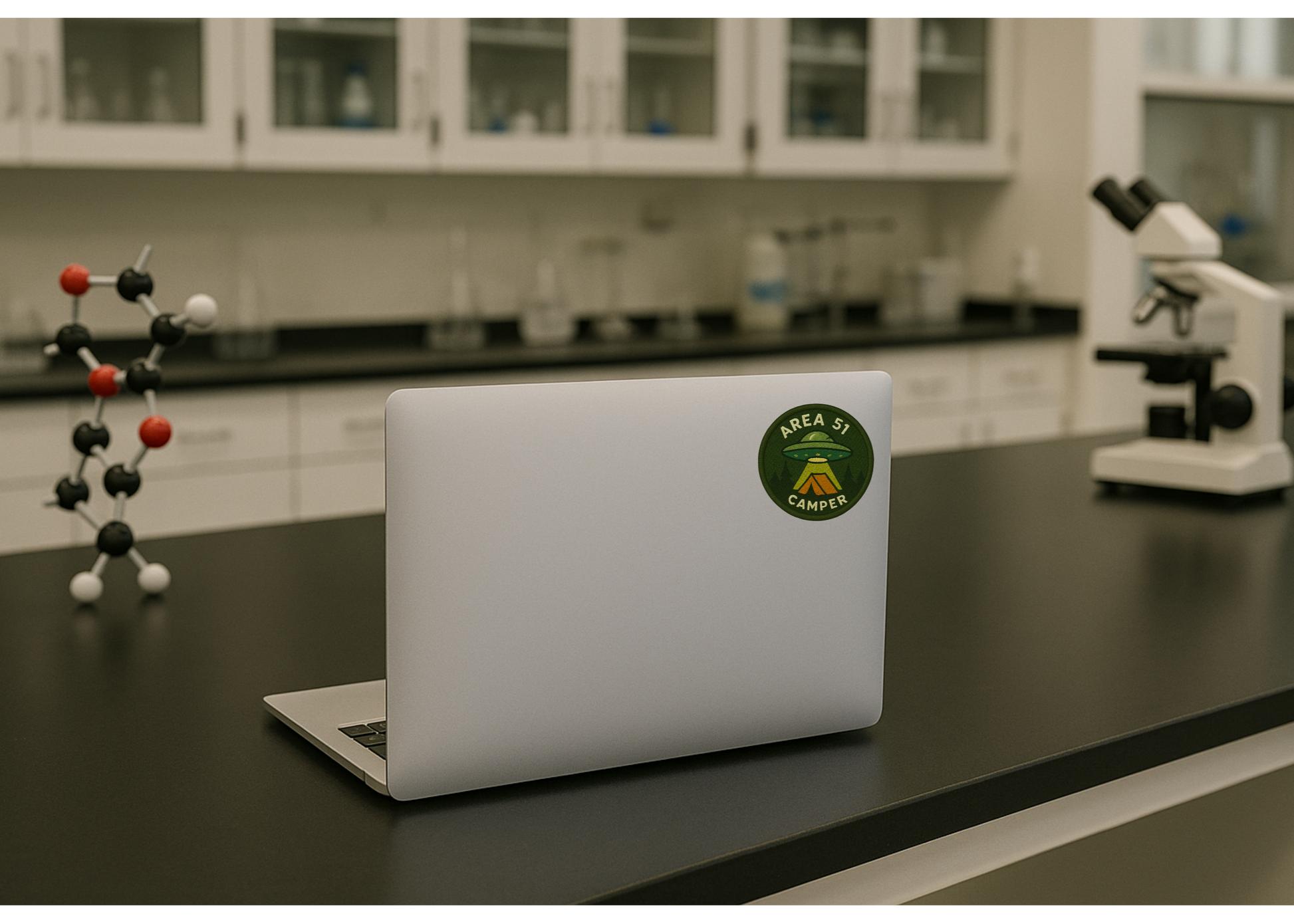 Laptop with a sticker on a laboratory counter with molecular model and microscope in the background