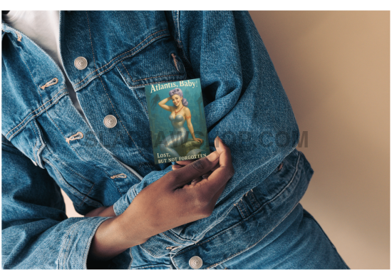 Person wearing a denim jacket holding a sticker