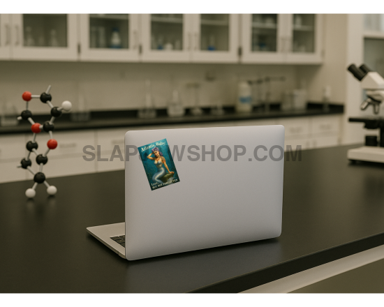 Laptop with a sticker on a lab counter with molecular model and microscope in the background