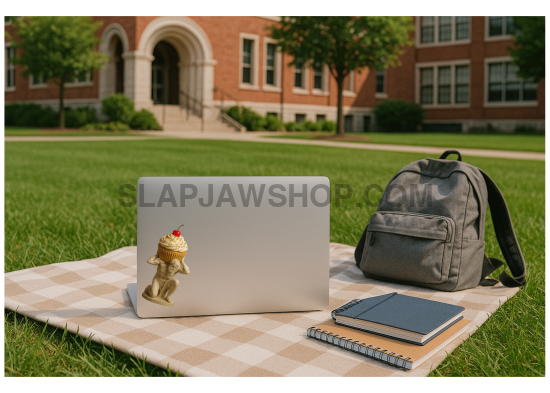 Laptop, backpack, and notebook on a checkered blanket in front of a brick building.
