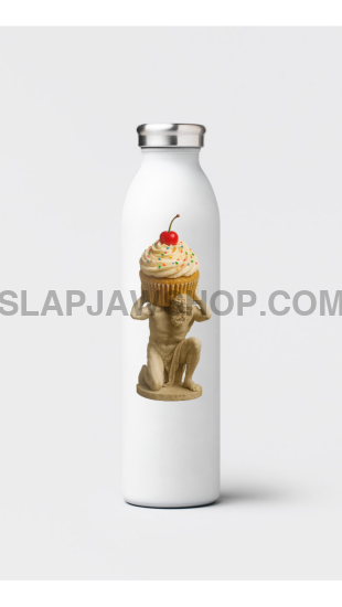 White water bottle with a cupcake design on a white background