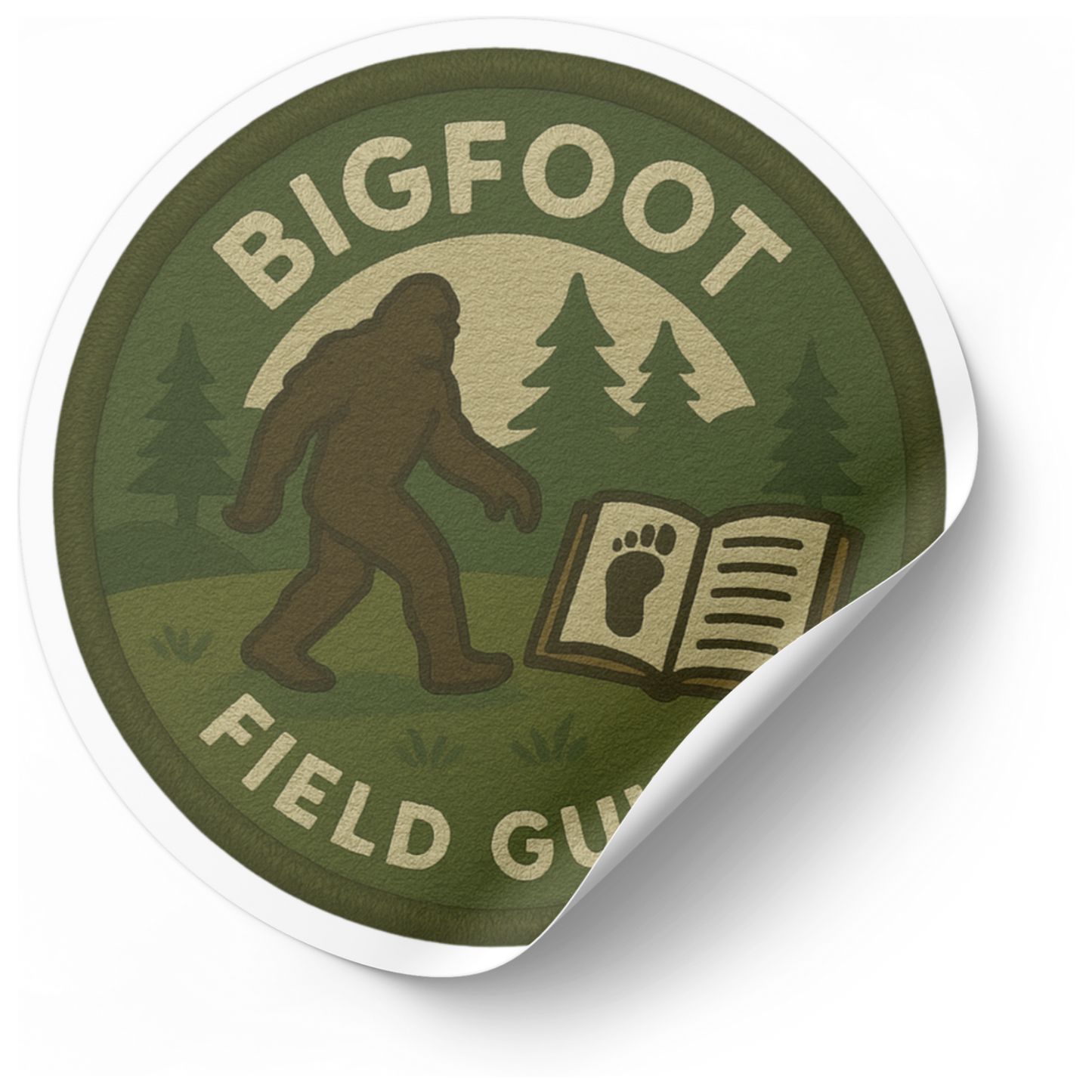 Bigfoot field guide sticker with forest design on a white background