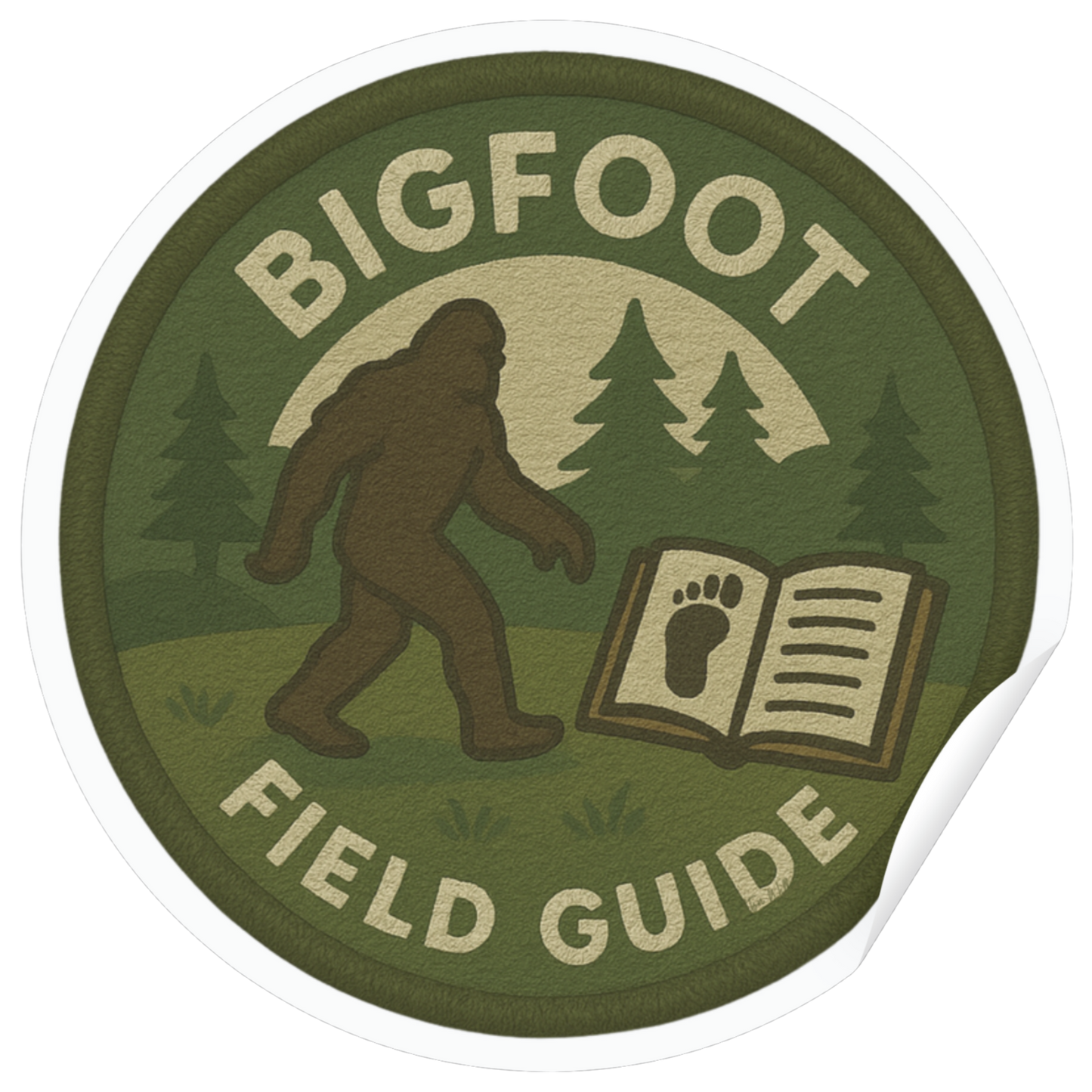 Sticker with Bigfoot design and 'Bigfoot Field Guide' text on a green background