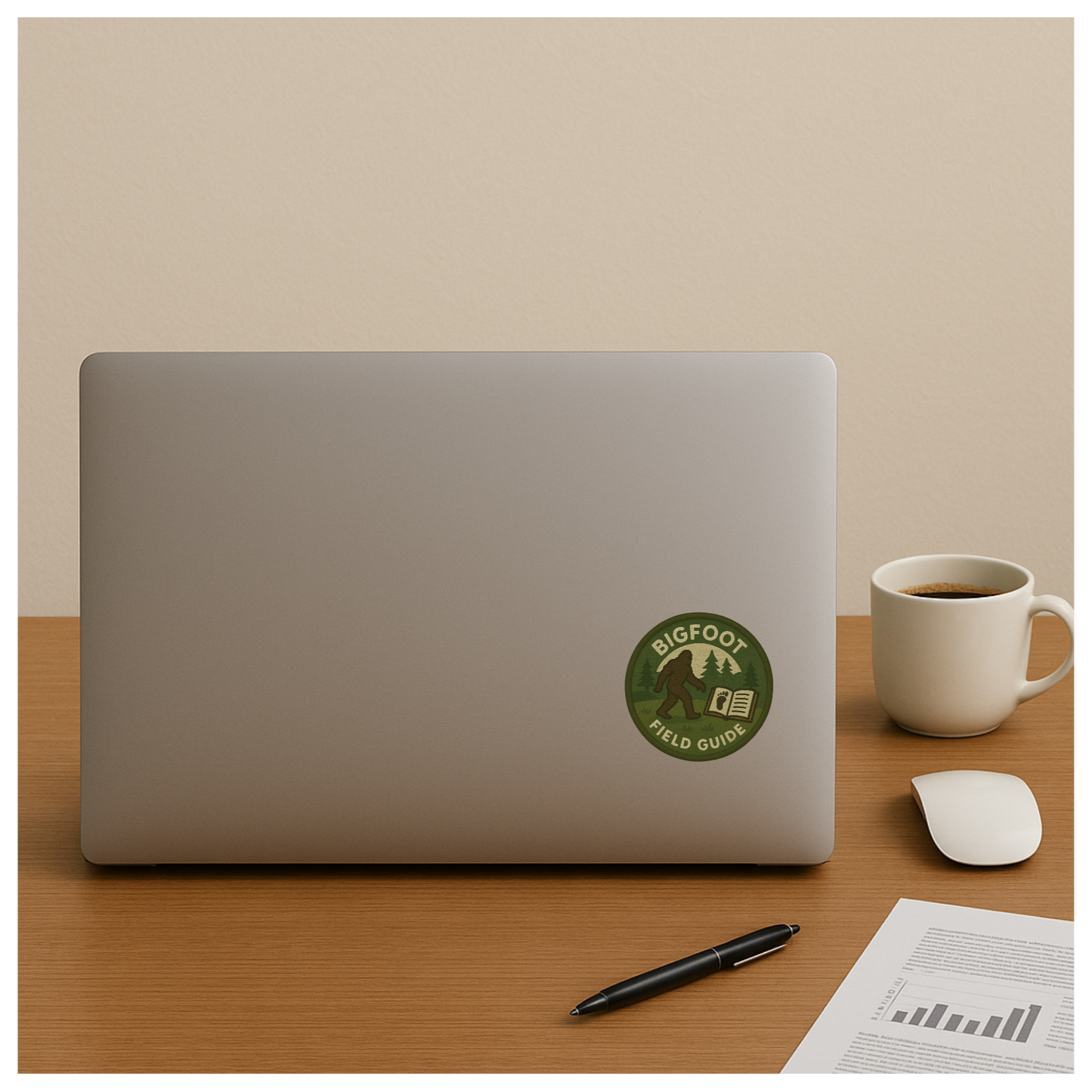 Laptop with a green sticker on a wooden desk with a cup and mouse.