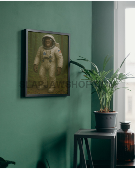 Framed picture of an astronaut on a green wall with a plant and candle in the foreground.