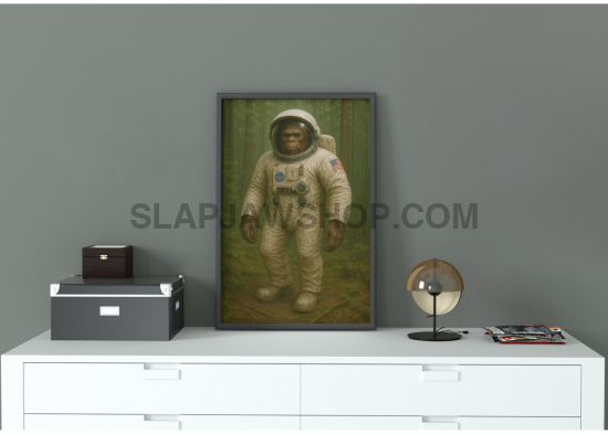 Framed artwork of an astronaut chimpanzee on a white shelf against a gray wall.