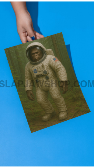 Hand holding a photograph of a person in an astronaut suit against a blue background