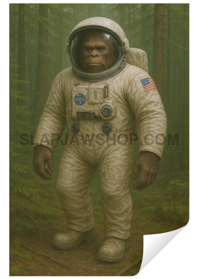 Illustration of an ape in an astronaut suit standing in a forest.