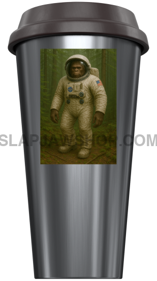 Silver travel mug with an astronaut graphic on a white background