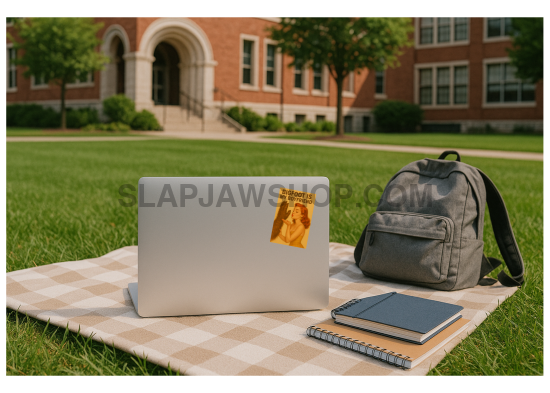 Laptop with a sticker, notebook, and backpack on a blanket outdoors.