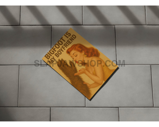 Doormat with text and graphic on a tiled floor