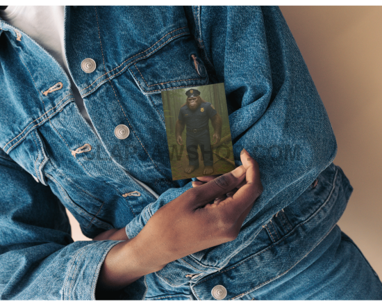 Person wearing a blue denim jacket holding a photo of a man with a beard.