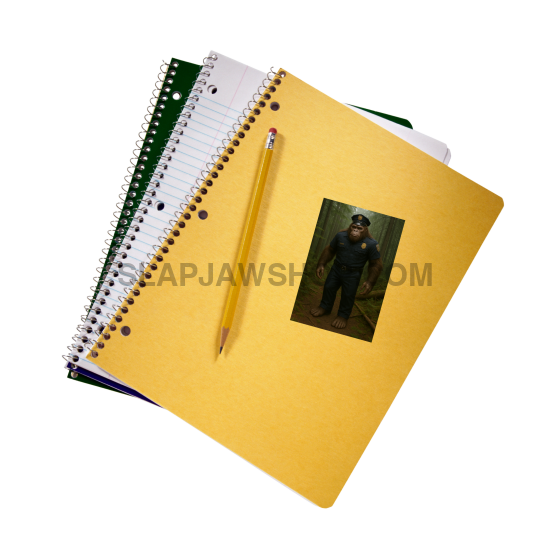 Yellow notebook with a spiral-bound green book, white book, and pencil on a white background