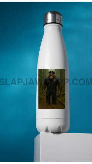 White water bottle with a photo of a person on a blue background