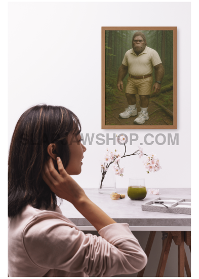 Woman talking on phone with framed picture of a man in the background