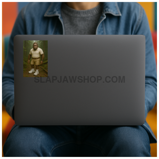 Person sitting with a laptop on their lap, displaying an image of a person from the 1940s.