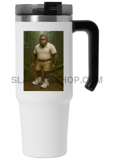 White travel mug with a black handle featuring a photo of a person in a forest setting.