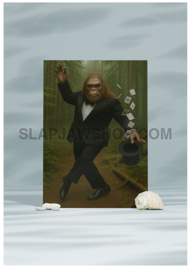 Surreal artwork of a gorilla in a suit with a bow tie on a white background