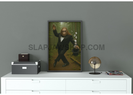 Framed artwork on a white shelf against a gray wall