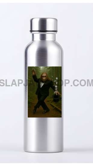 Silver water bottle with a printed design on a white background