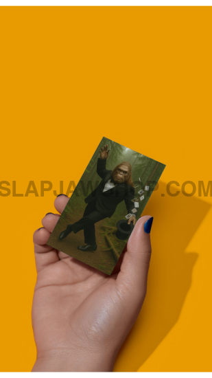 Hand holding a card with a design on an orange background