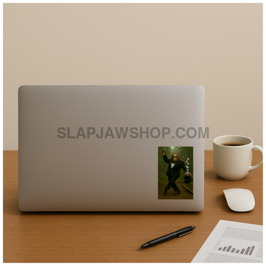 Laptop with a sticker on a desk with a mug, mouse, and pen.