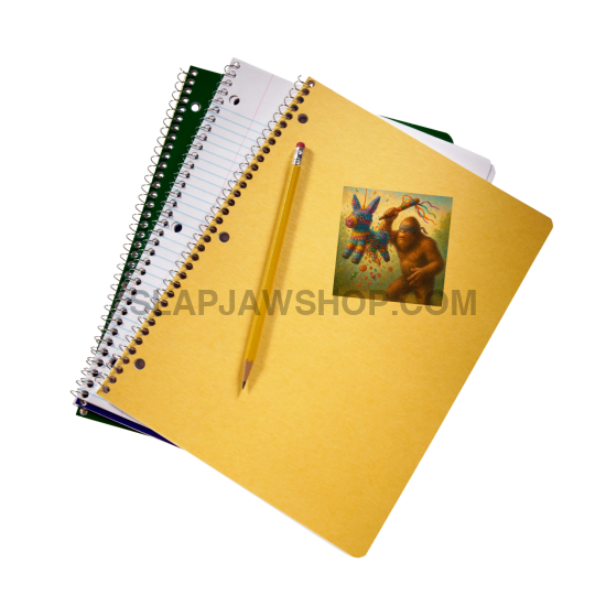 Yellow notebook with a pencil and a small picture on a white background