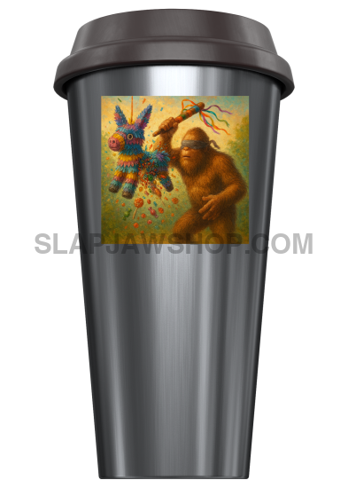Metallic travel mug with a colorful graphic on a white background