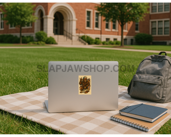 Laptop with a sticker, notebook, and backpack on a checkered blanket outdoors.