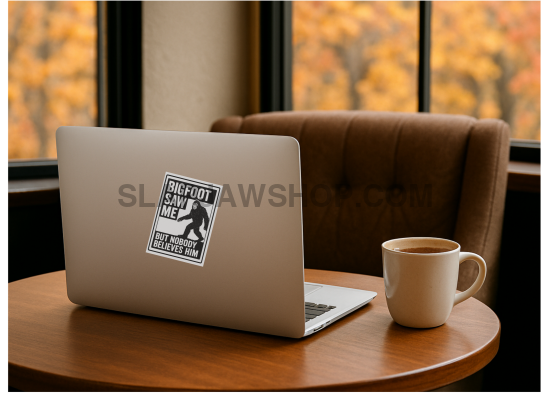 Laptop with a sticker on a wooden table with a cup of coffee, autumn leaves outside.