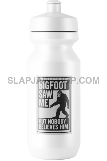 White water bottle with Bigfoot graphic and text on a white background