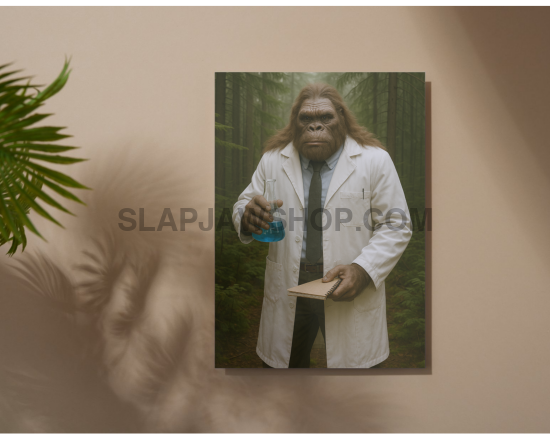 Person in a lab coat holding a blue container in a forest setting