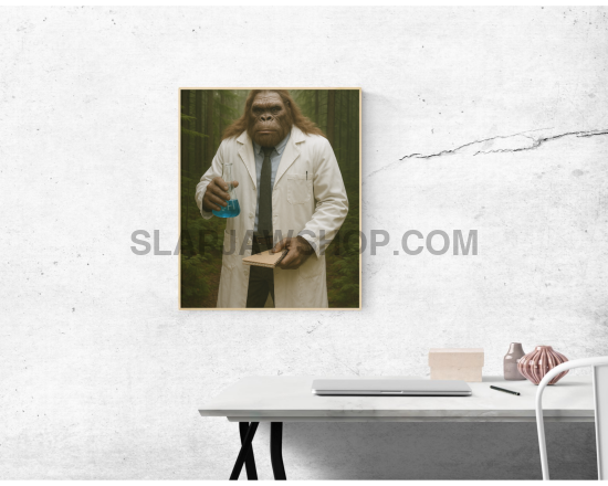 Person in a white coat holding a blue cup and a piece of paper, standing in front of a white wall with a desk and chair.