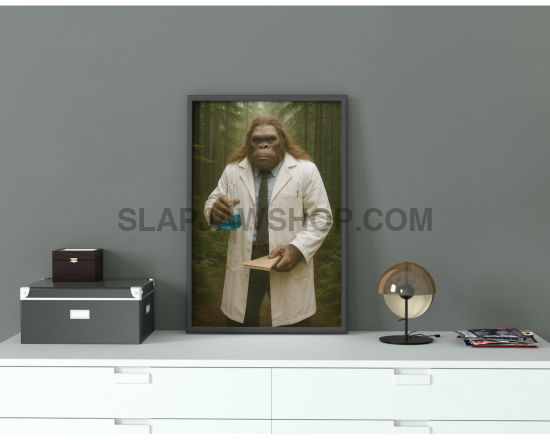 Framed picture of a person in a lab coat on a white shelf against a gray wall