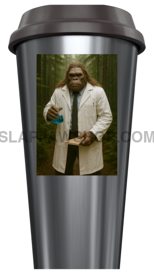 Silver travel mug with a graphic of a person in a lab coat and mask on a white background