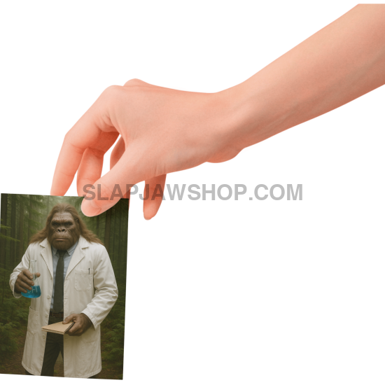 Hand holding a photo of a person in a lab coat against a white background