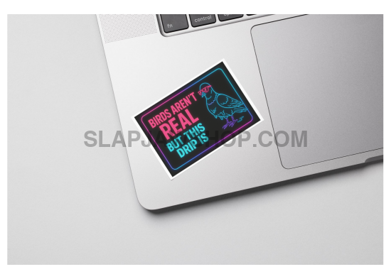 Laptop with a colorful sticker on a white background