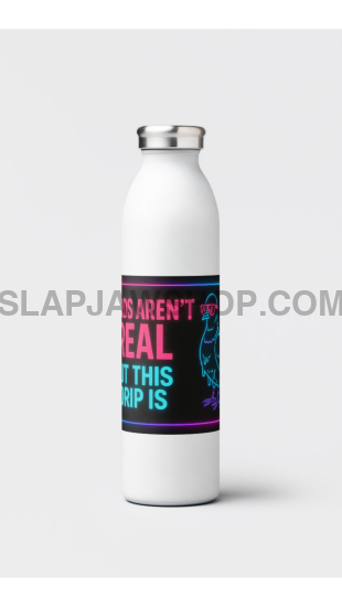 White water bottle with colorful label on a white background