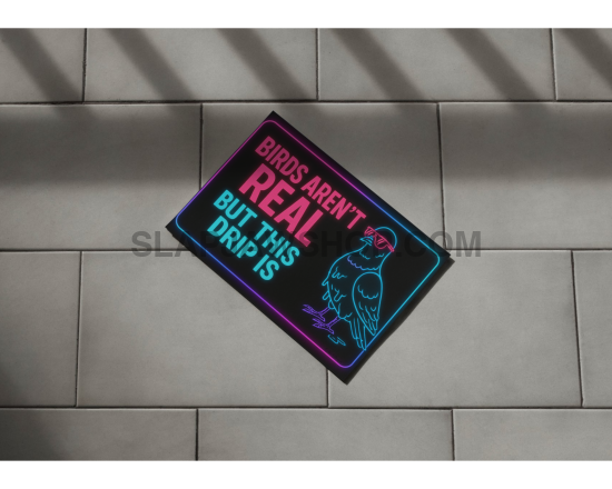 Decorative mat with text and graphic on a tiled floor