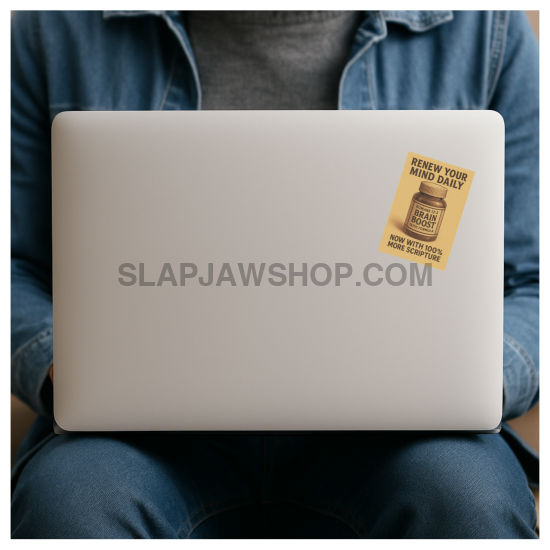 Person holding a laptop with a sticker on the cover
