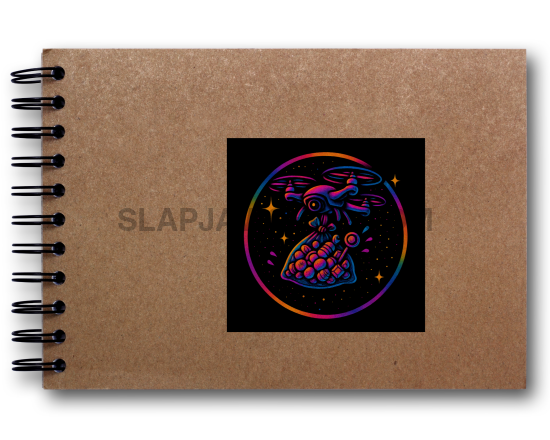 Brown notebook with a colorful skull design on a black background