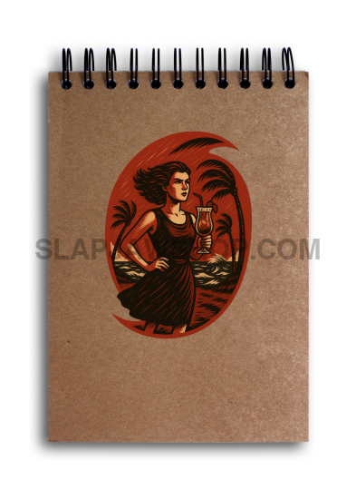 Brown notebook with a decorative cover featuring a woman and palm tree design on a white background
