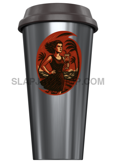 Metallic travel mug with a decorative design on a white background
