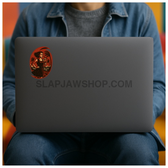 Person holding a laptop with a sticker on the cover against a colorful background