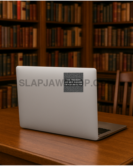 Laptop on a wooden table with bookshelves in the background
