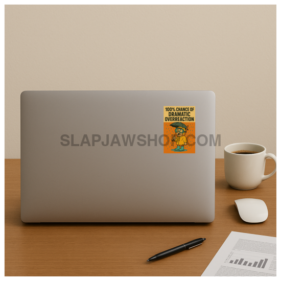 Laptop with a sticker on a desk with a cup, mouse, and pen.