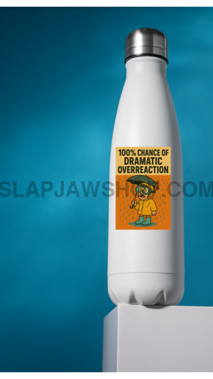 White insulated bottle with a label on a blue background