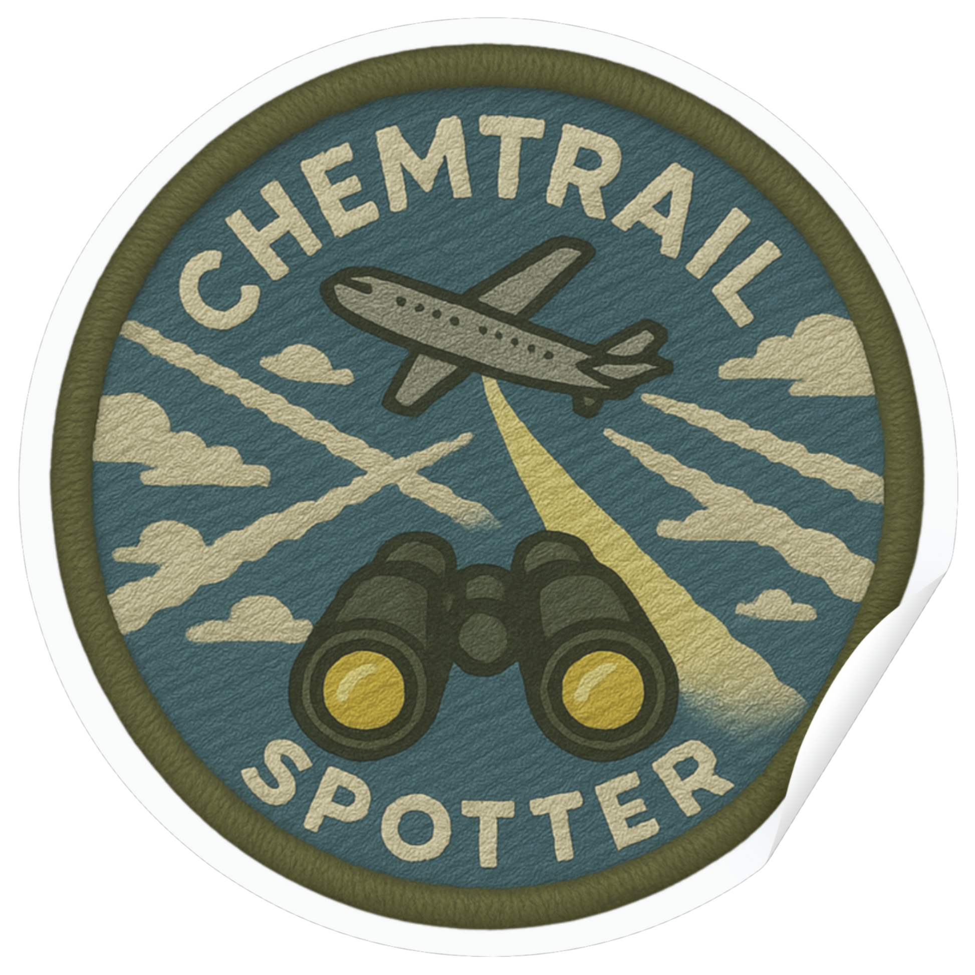 Patch with airplane, binoculars, and 'Chemtrail Spotter' text on a white background